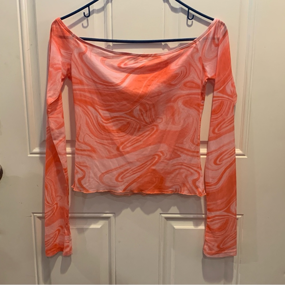 Superdown Revolve Emmie Off Shoulder Top Orange Pink Marble Swirl Semi-Sheer $58 - Picture 11 of 11